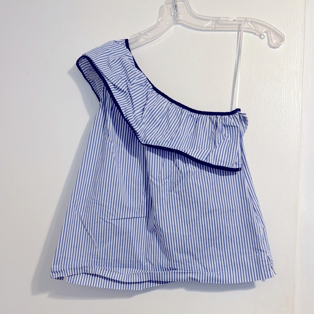 J. Crew Blue and White Striped One-Shoulder Blouse